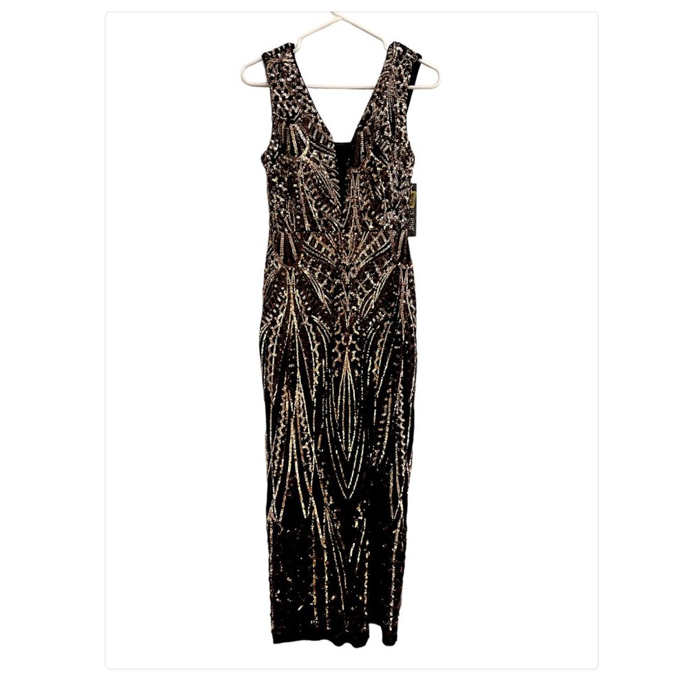 Gianni Bini Jackie Black  Copper Sequin Evening Cocktail Low Maxi Dress, Size 4
